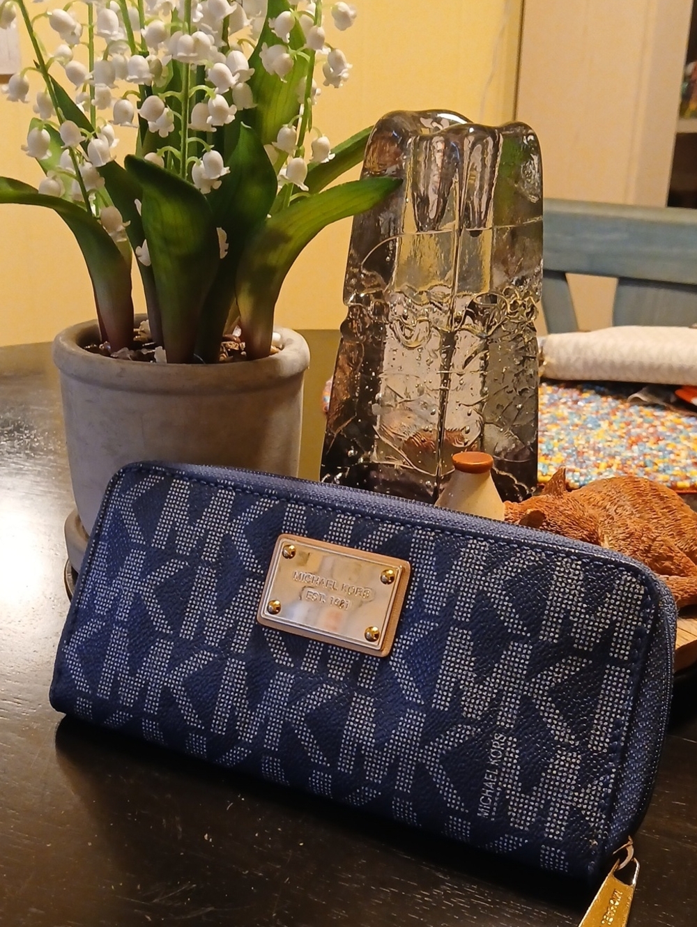 Michael Kors Navy Logo Zip-Around Card Holder with Gold Hardware